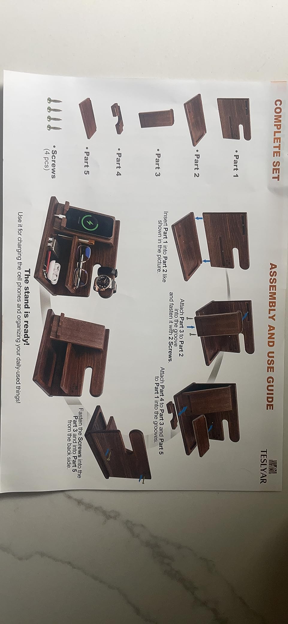 TESLYAR Wood Phone Docking Station for Men - Desktop or Nightstand Organizer - Birthday Gifts for Men, Dad - Anniversary Idea from Wife - Key Holder, Stand Wallet, Watch & Essentials (Bourbon Brown) - Customer Photo 2