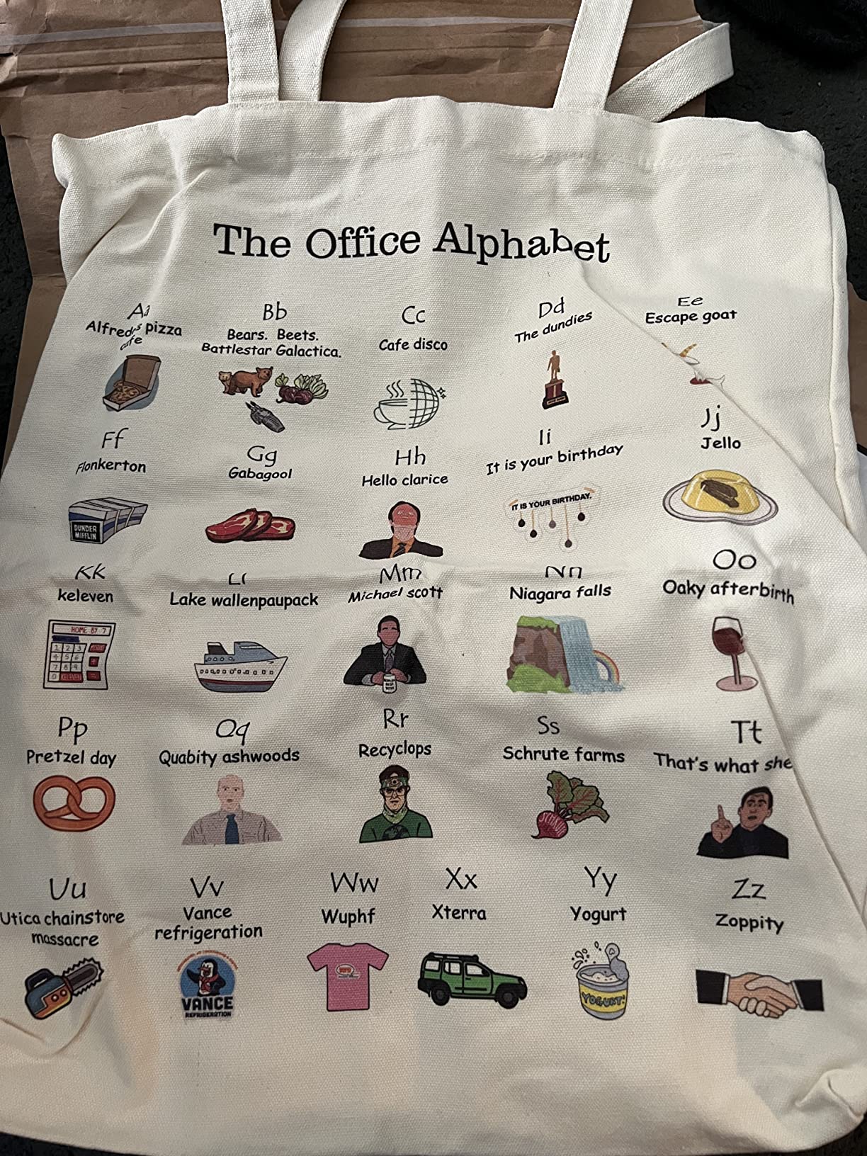 The Office Alphabet Tote Bag TV Show Merchandise Fans Kitchen Gifts Reusable Grocery Canvas Theme Presents for Office/Women/Sister, Shoulder/Travel/Work, White - Customer Photo 2