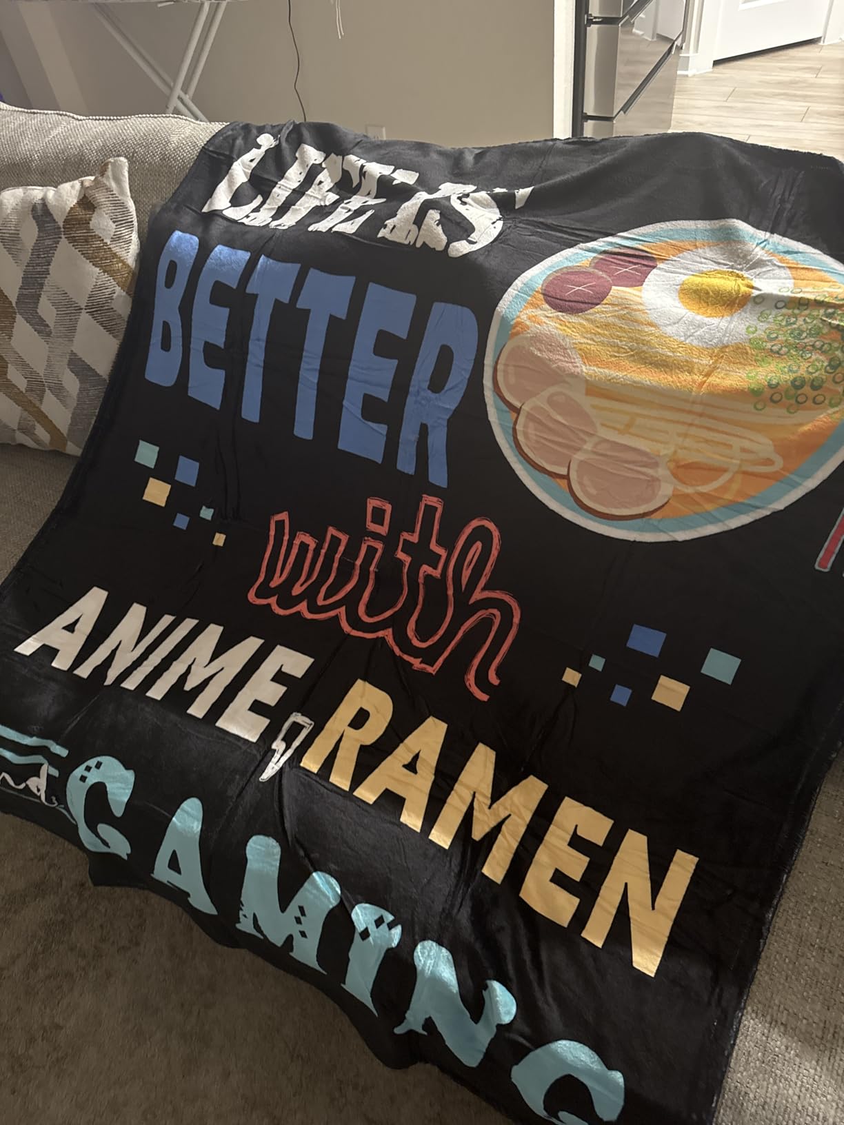 Anime Throw Blanket, Ramen Noodle Blankets,Life is Better with Gaming Gifts for Teen Boys Men Gamer Ramen Anime Lovers,Soft Lightweight Plush Flannel Game Themed Quilt,50 in x 40 in - Customer Photo 1
