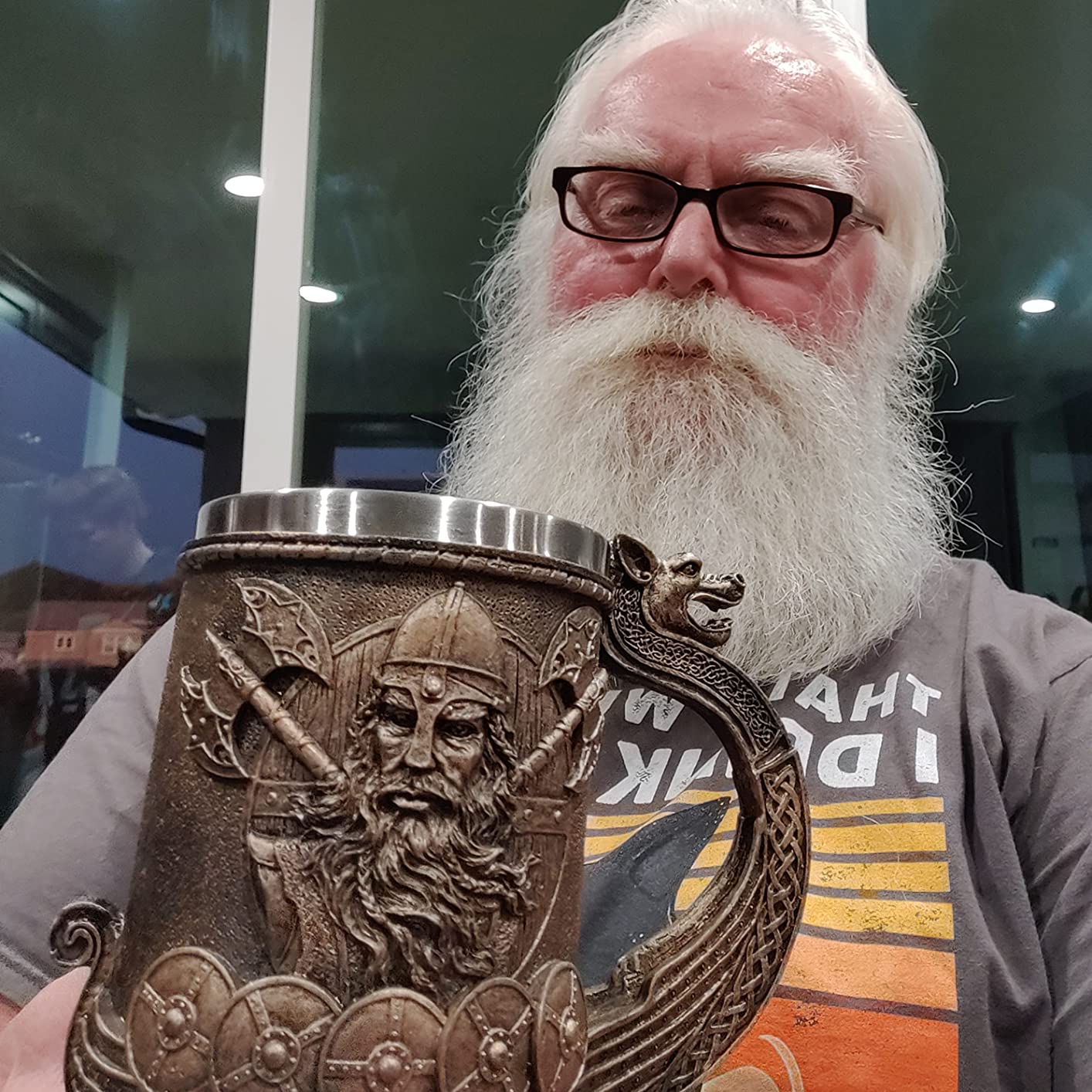 Noric Viking Ship Draon Drakkar Beer Mug Stainless Steel Liner, Bronze Color Viking Warrior Coffee Cup Stein for Collectible Gift 17oz. - Customer Photo 1