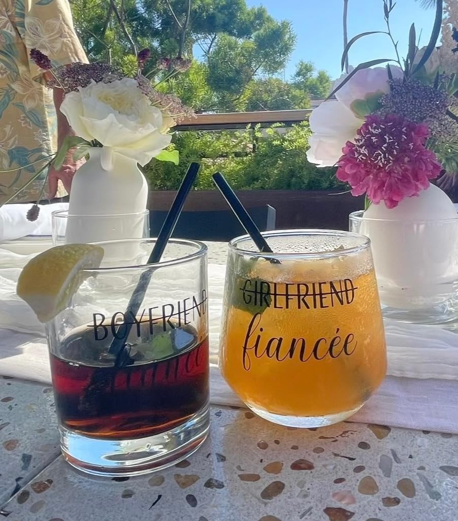 Engagement Gifts for Couples - Unique Fiance Gift for Him or Her! Whiskey Wine Glasses with Diamond Wine Stopper - Customer Photo 1