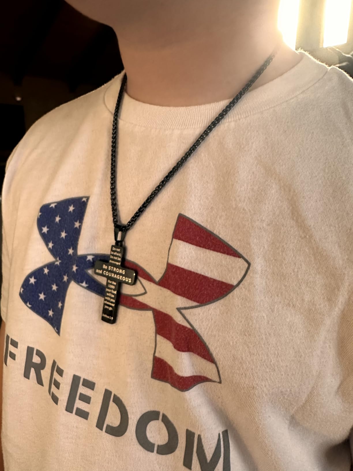 DuoDiner Stocking Stuffers Christmas Gift-18+2 Inch Cross Necklace Bible Verse Stainless Steel American Flag Pendant Chain for Men Boys Cross Jewelry Gift - Customer Photo 2