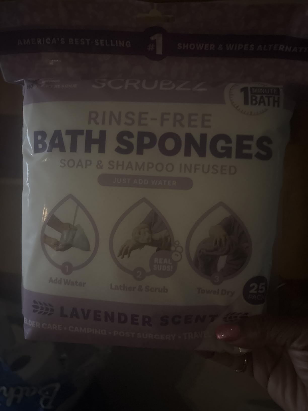 Scrubzz Disposable No Rinse Bathing Wipes - 25 Pack - All-in-1 Single Use Shower Wipes, Simply Dampen, Lather, and Dry Without Shampoo or Rinsing (Lavender, 1-Pack) - Customer Photo 1