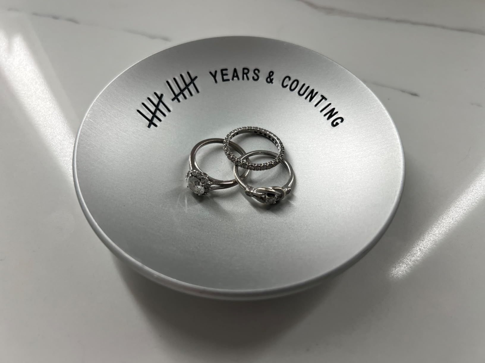 10th Anniversary Tin Gifts – 4 In., Engraved, Aluminum Wedding Ring Holder Dish & Gift Box – 10 Year Wedding Gift for Him & 10 Year Anniversary for Her Textured Style - Customer Photo 2