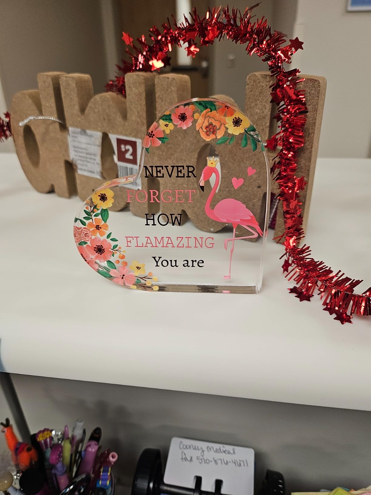 Kathfly Inspirational Gifts for Women Christmas Desk Decor Gifts Acrylic Heart Keepsake Inspirational Cheer up Gift for Girlfriend Wife Daughter on Christmas Birthday(Flamingo) - Customer Photo 1