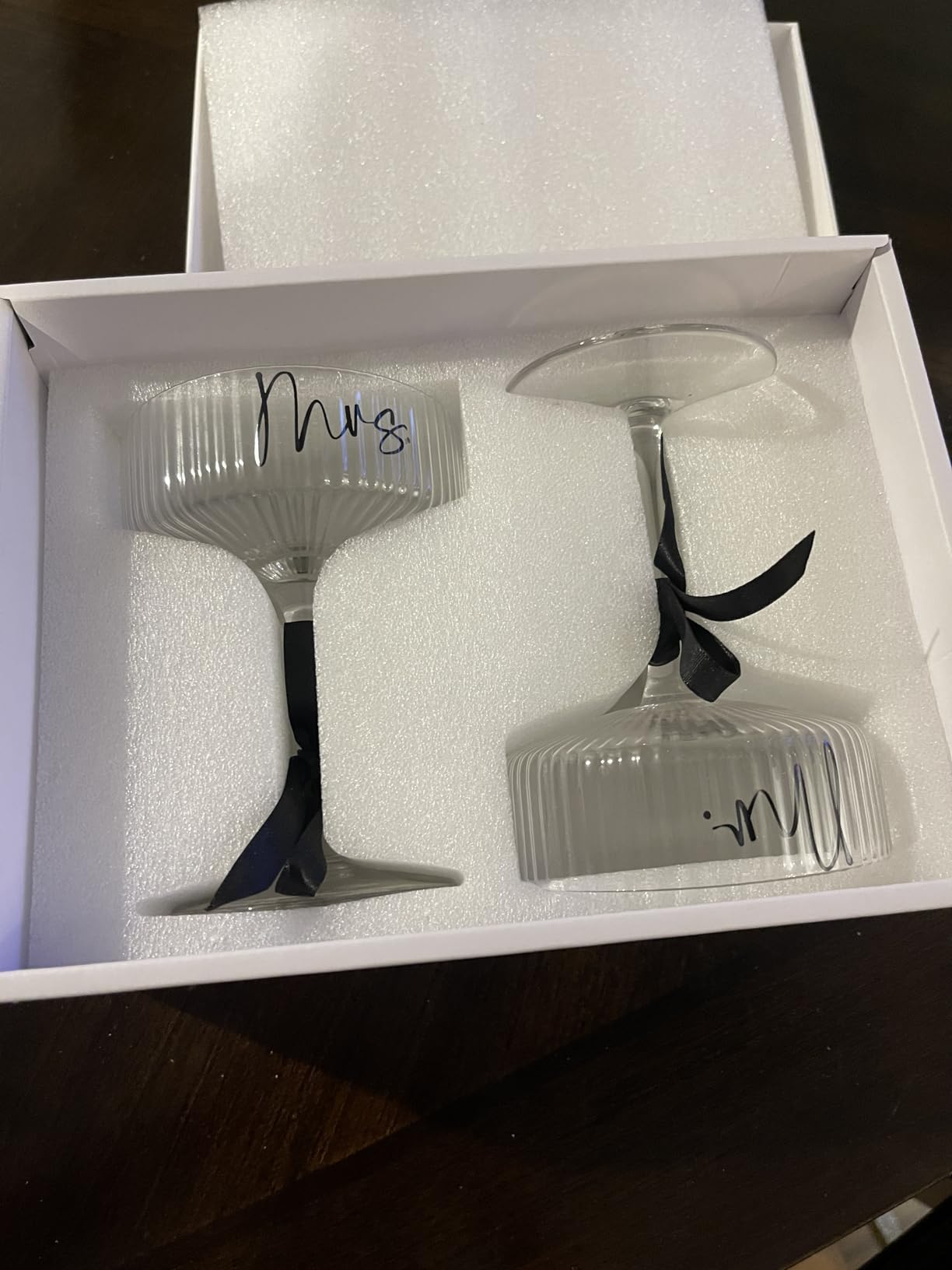 AW BRIDAL Mr and Mrs Champagne Flutes Set of 2, Engagement Bridal Shower Gifts for Couple Newlyweds, Wedding Anniversary Toasting Glasses with Wooden Box for Bride Groom - Customer Photo 2