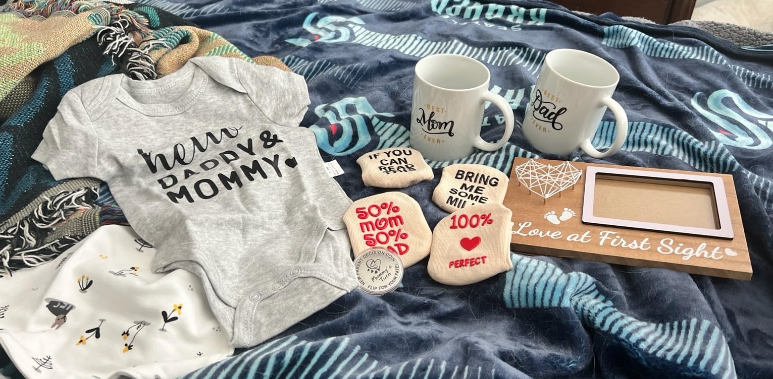 Pregnancy Gifts for First Time Moms - New Parents Gift Set Pregnancy Announcement Baby Shower Basket Mom & Dad Mugs, Baby Ultrasound Frame, Decision Coin, Onesie, Bib and Socks - Customer Photo 1