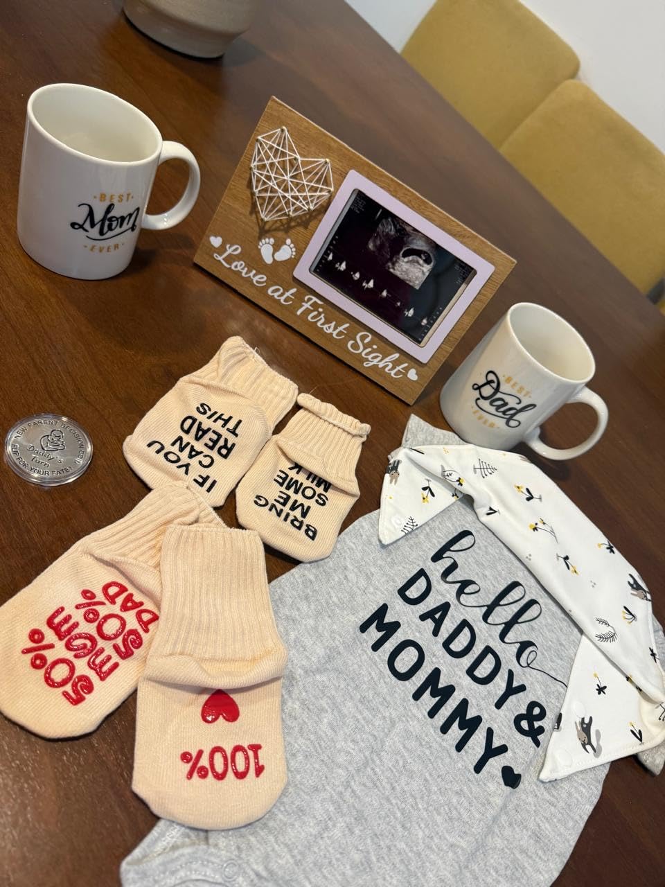 Pregnancy Gifts for First Time Moms - New Parents Gift Set Pregnancy Announcement Baby Shower Basket Mom & Dad Mugs, Baby Ultrasound Frame, Decision Coin, Onesie, Bib and Socks - Customer Photo 2