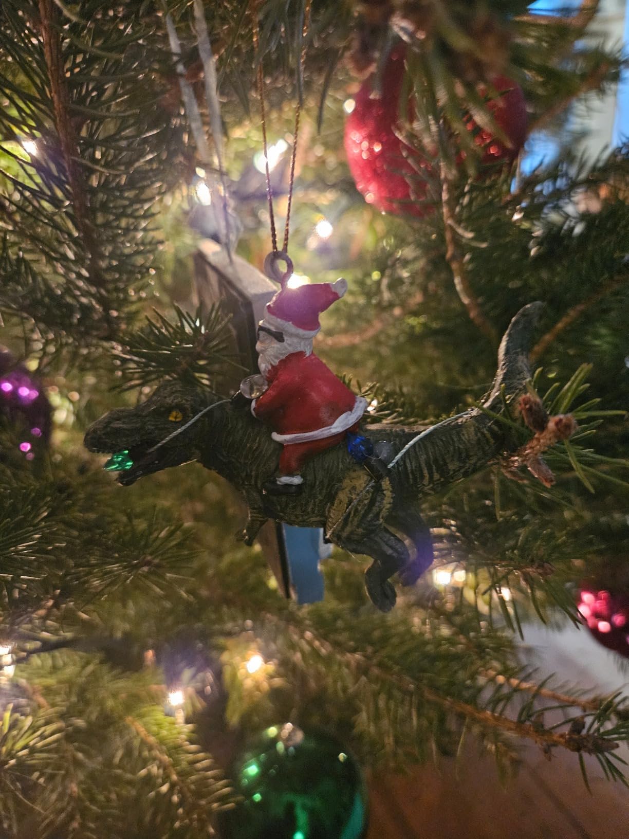 Santa Claus Riding a T Rex Dinosauer Wrapped in Lights Christmas Ornament for Kids - Customer Photo 1