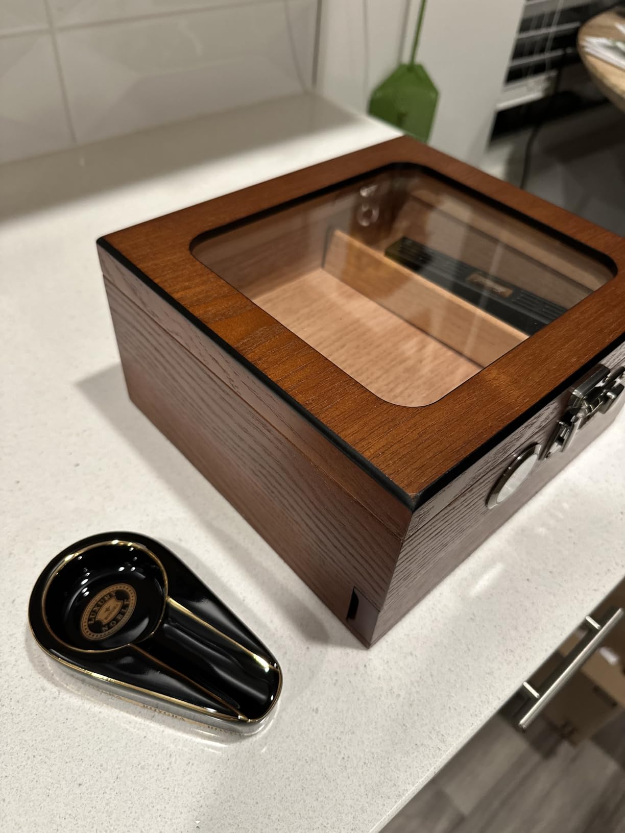 Cigar Humidor, Cedar Wood Humidor Cigar Box, Glass Top Desktop Humidor with Front Hygrometer, Humidifier, Divider, Accessories Drawer and Combination Lock, Cigar Gifts for Men (Brown) - Customer Photo 2