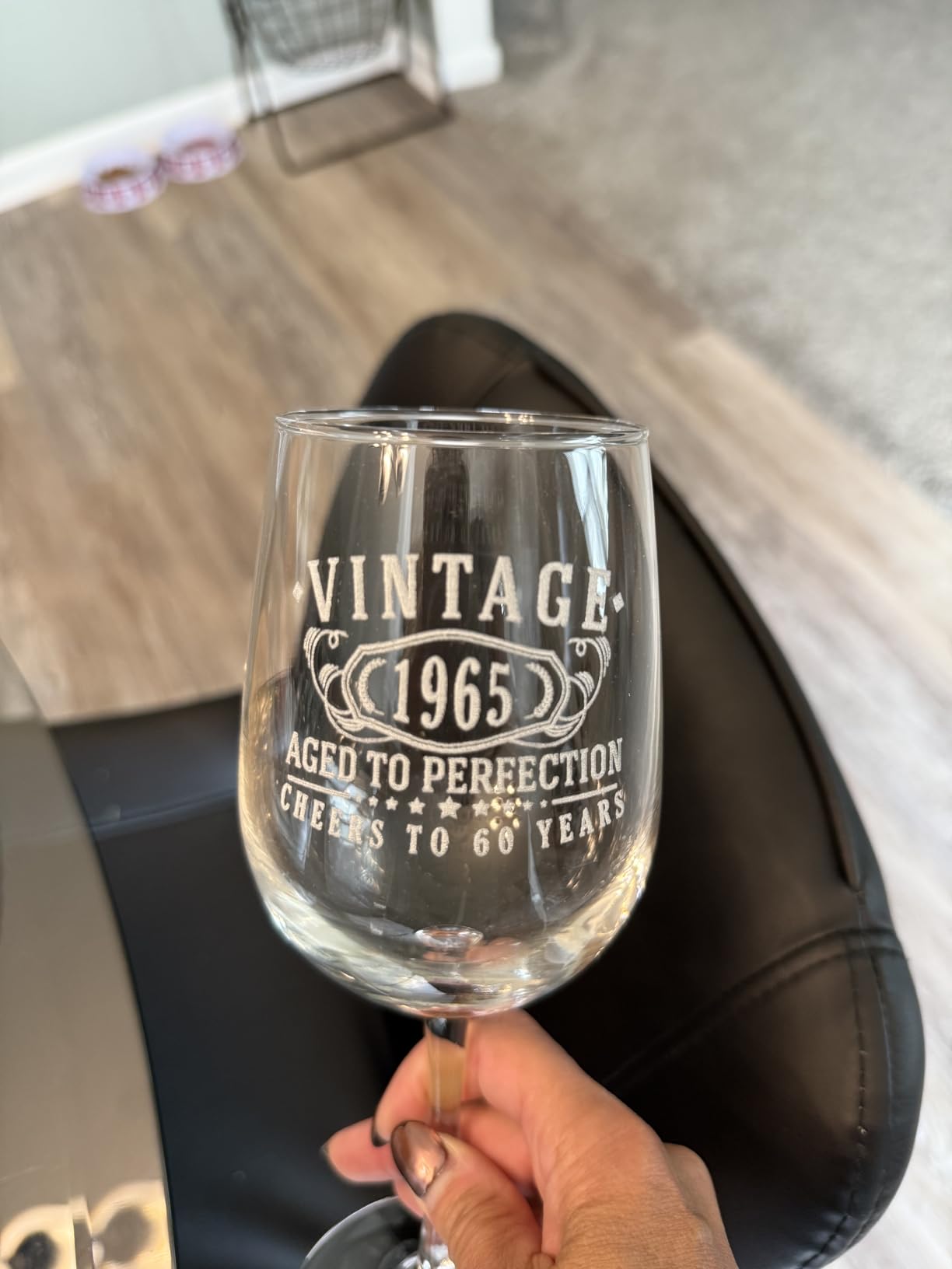 Personalized Vintage 60th Etched 16oz Stemmed Wine Glass – Custom 1965 Happy 60th Birthday Gifts for Women Men, Cheers Turning 60 Year Old, 60 Bday Party Favor, Best Gift Idea Her Sister Wine Lover Customer Review Personalized Vintage 60th Etched 16oz Stemmed Wine Glass – Custom 1965 Happy 60th Birthday Gifts for Women Men, Cheers Turning 60 Year Old, 60 Bday Party Favor, Best Gift Idea Her Sister Wine Lover - Customer Photo 2