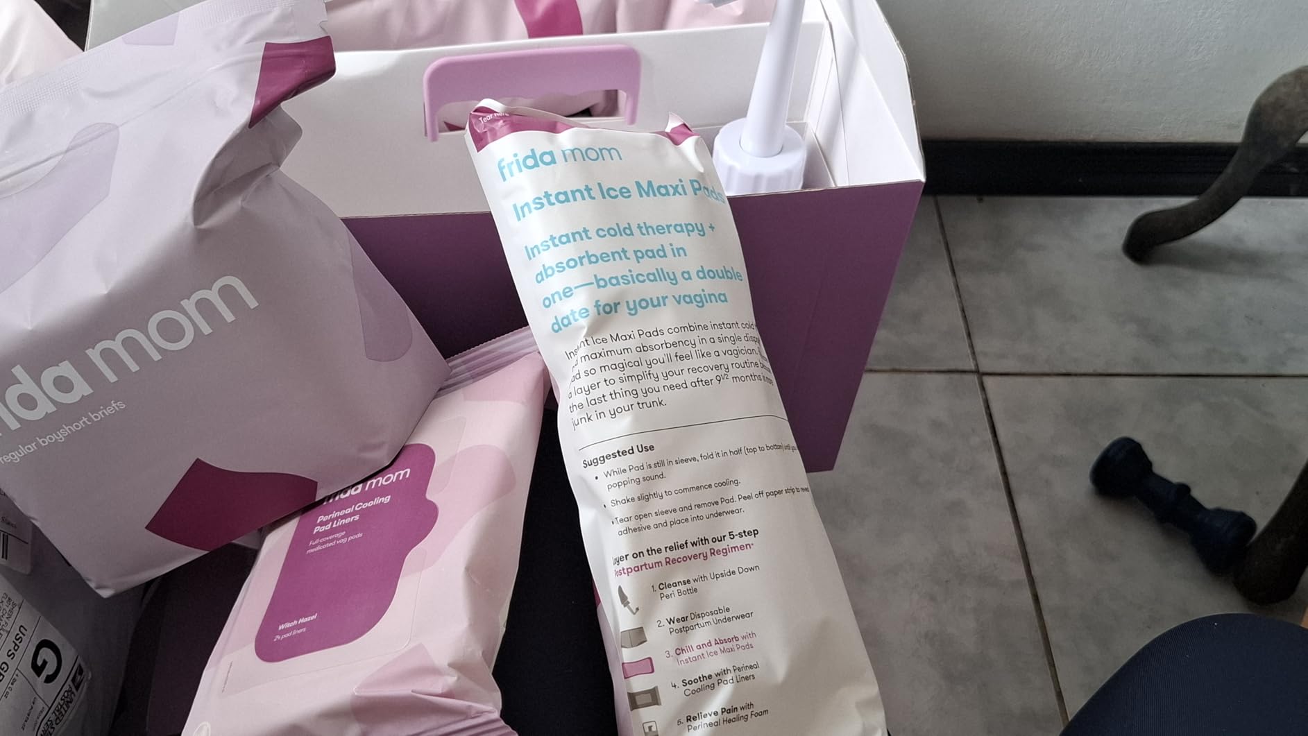 Frida Mom 11pc Postpartum Essentials Kit Gift Set, Hospital Bag Must Haves for New Mom, Includes 4 Disposable Postpartum Underwear, 4 Ice Maxi Pads, Perineal Healing Foam & 24 Pad Liners & Peri Bottle - Customer Photo 1