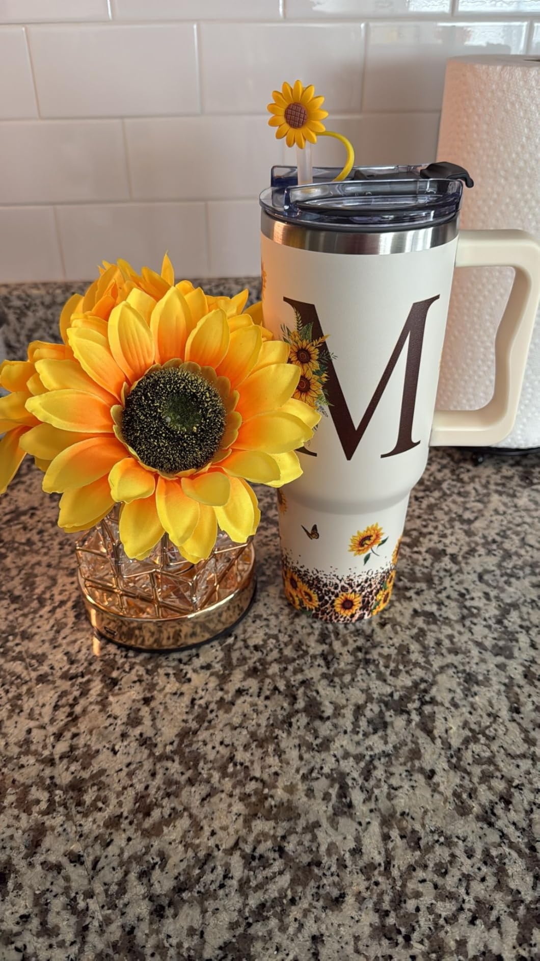 Personalized Birthday Gifts For Women - Sunflower Gifts For Women, Mom - Christmas Gifts For Womens, Mother's Day Gift For Mom, Boss - Monogrammed, Initial Tumbler Handle 40oz W Lids & Straws, K - Customer Photo 1