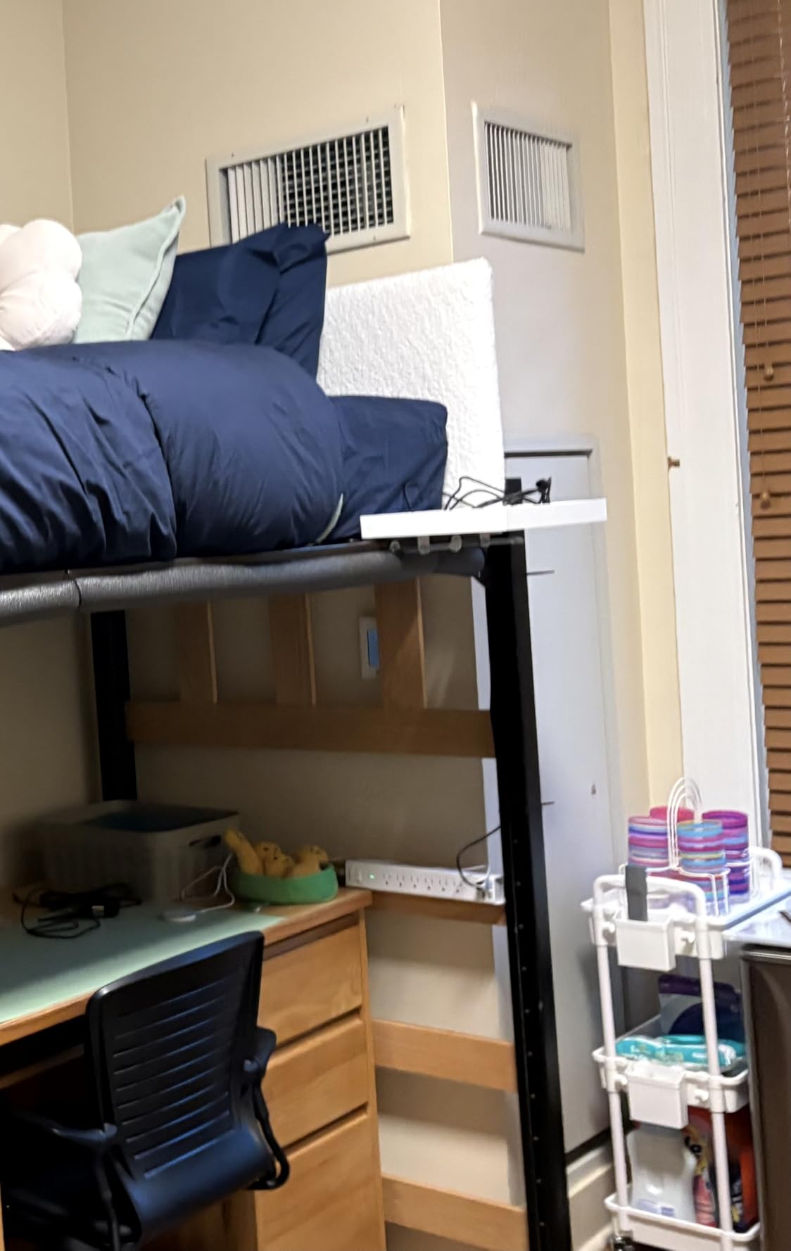 BedShelfie Bedside Shelf for Bunk Bed & Top Bunk, College Dorm Room Essentials, Loft Nightstand, Floating Bed Side Table Tray Storage, Dorm Room Decor by Smallish - (Flexfit Model, White) - Customer Photo 1