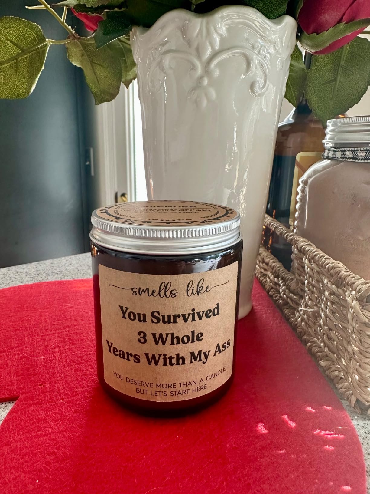 GSPY Candle, 3 Year Anniversary Candle Gifts for Him, Her, Couple - 3rd Anniv. Funny Gifts for Husband, Wife, Girlfriend, Boyfriend, Men - 3 Year Leather Anniversary, Third Wedding Anniv. Present - Customer Photo 1