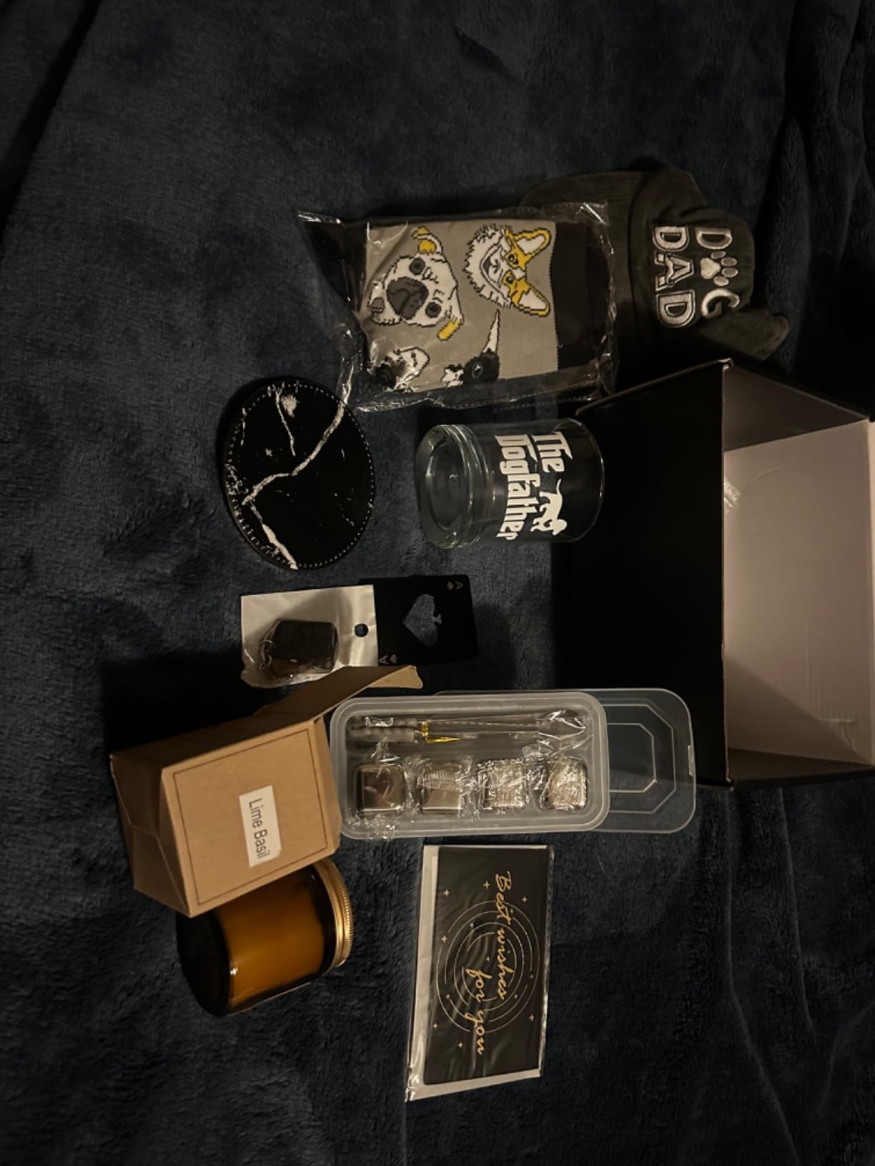 14 Pieces Dog Dad Gifts for Dad,Dog Gift for Father Including Whiskey Set Socks Keychain Hat Bottle Opener Greeting Cards Sented Candle - Customer Photo 2