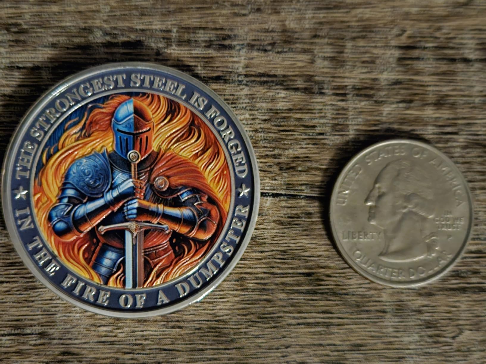 Knight Dumpster Fire Challenge Coin - The Strongest Steel is Forged Dumpster Fire Coin - Funny Desk Accessories for Work - Hilarious Coworker Go Away Token - Inspirational Gifts for Men Women Teacher - Customer Photo 3