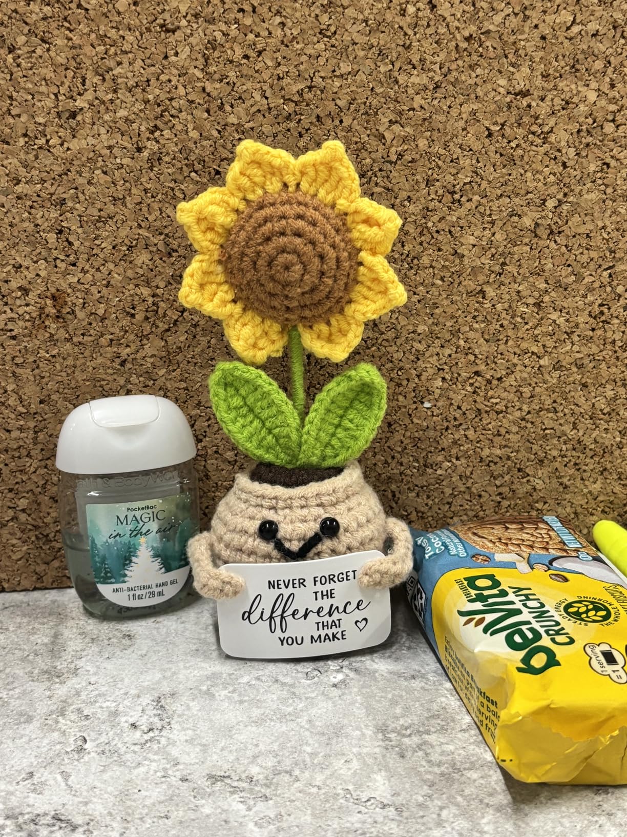 Mini Positive Crochet Sunflower, Cute Cheer Up Gifts for Women, Crochet Plant with Optimistic Card for Nurse Teacher Boss, Thank You Gifts for Friends, Coworker and Sunflower Decor - Customer Photo 2