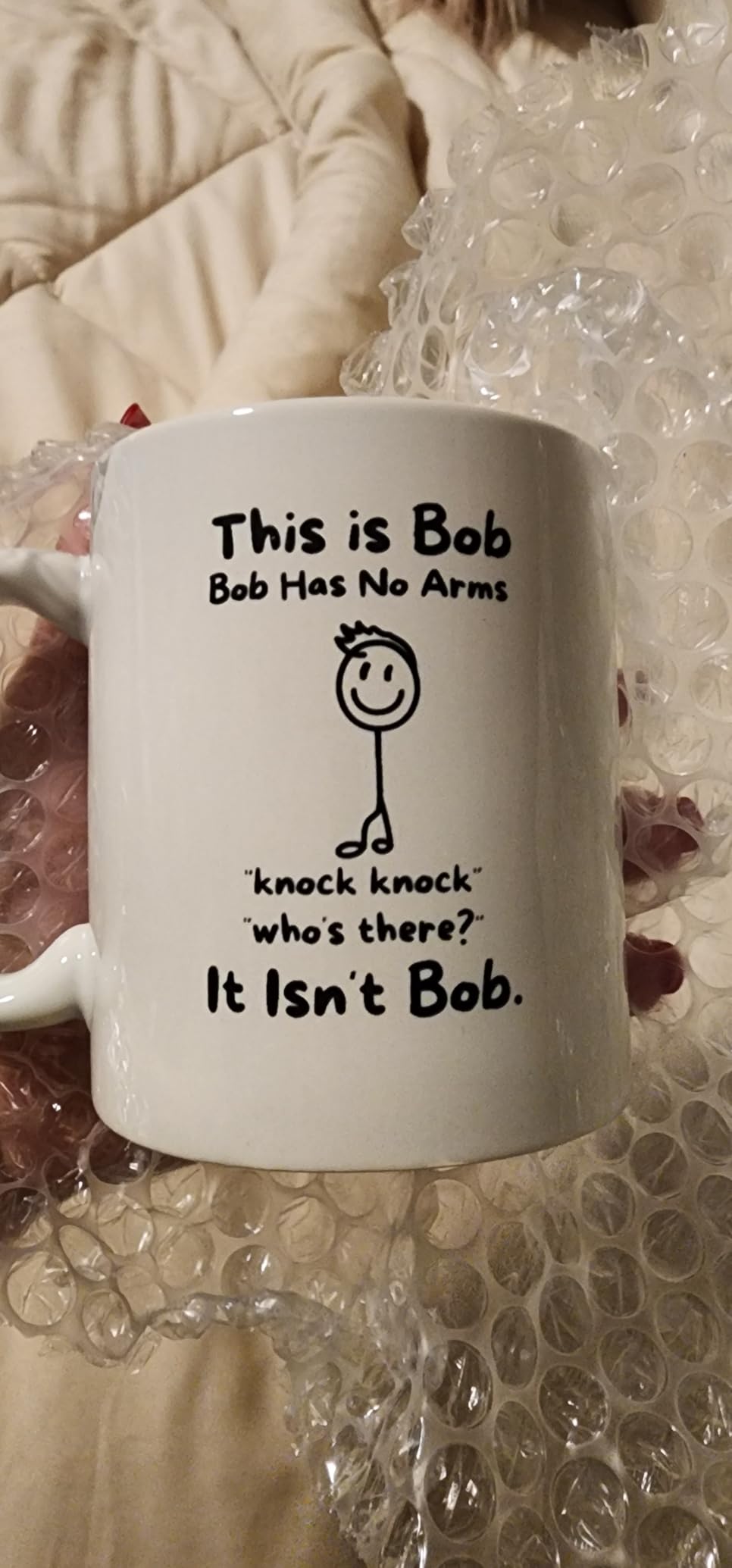 This Is Bob Funny Stickman Figure Coffee Mug - Bob Has No Arms Adult Humor Mug for Him Husband Boyfriend Gift Idea - Hilarious Birthday Presents for Office Coworker or Dad - 11 oz White Novelty Cup - Customer Photo 1