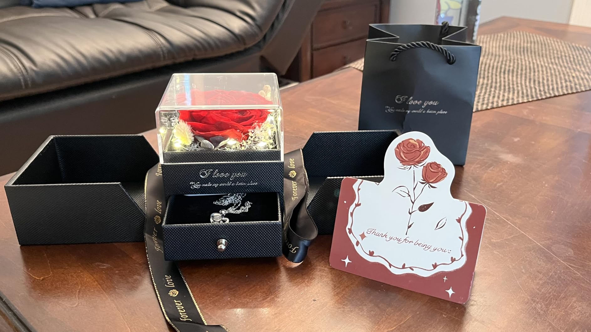 Preserved Real Roses with Heart Necklace I Love You in 100 Languages, Romantic Anniversary Christmas Gifts for Wife Girlfriend, Forever Roses Necklace Gifts - Customer Photo 1