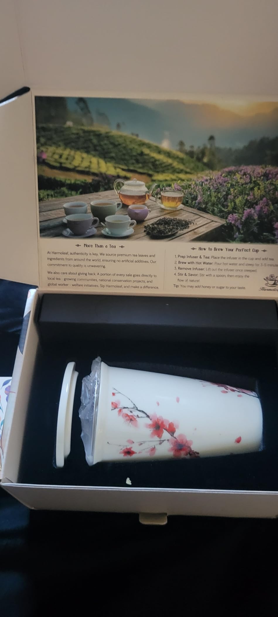 Harmoleaf Tea Gift Set for Women - 6 Herbal Loose Leaf Tea Blends, Insulated Ceramic Cup with Infuser & Lid | Birthday, Mother's Day, Anniversary & Retirement Gift for Her - Customer Photo 1