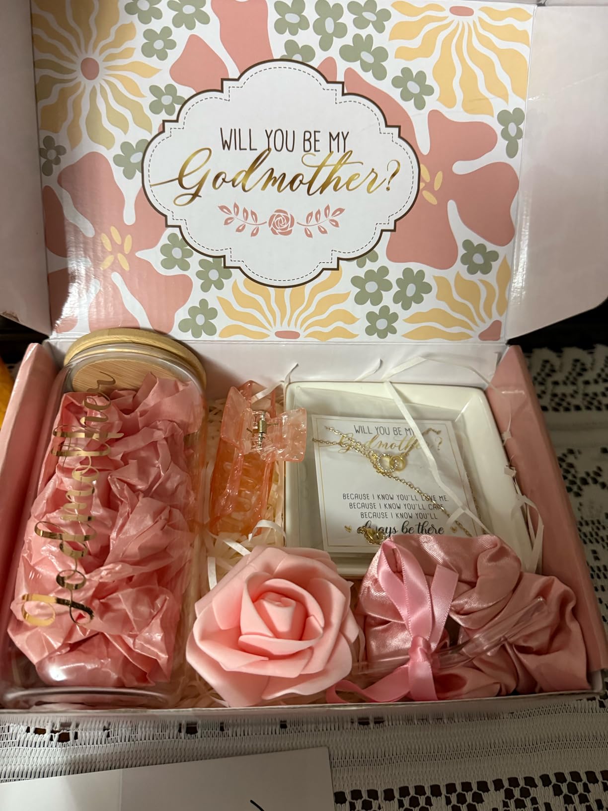 Honeydak 8 Pcs Godmother Proposal Gift Set Will You Be My Godmother from Godchild 16oz Glass Cup Necklace Trinket Ring Dish Gift Box for Mother's Day Birthday Baptism Christmas(Rose Gold) - Customer Photo 1