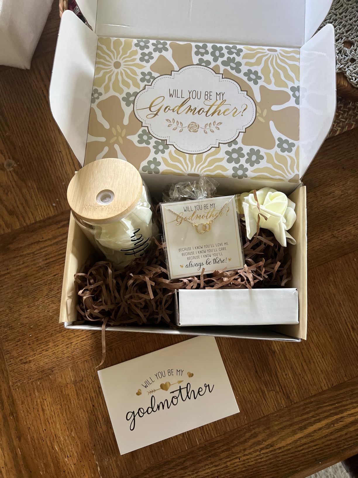 Honeydak 8 Pcs Godmother Proposal Gift Set Will You Be My Godmother from Godchild 16oz Glass Cup Necklace Trinket Ring Dish Gift Box for Mother's Day Birthday Baptism Christmas(Rose Gold) - Customer Photo 2