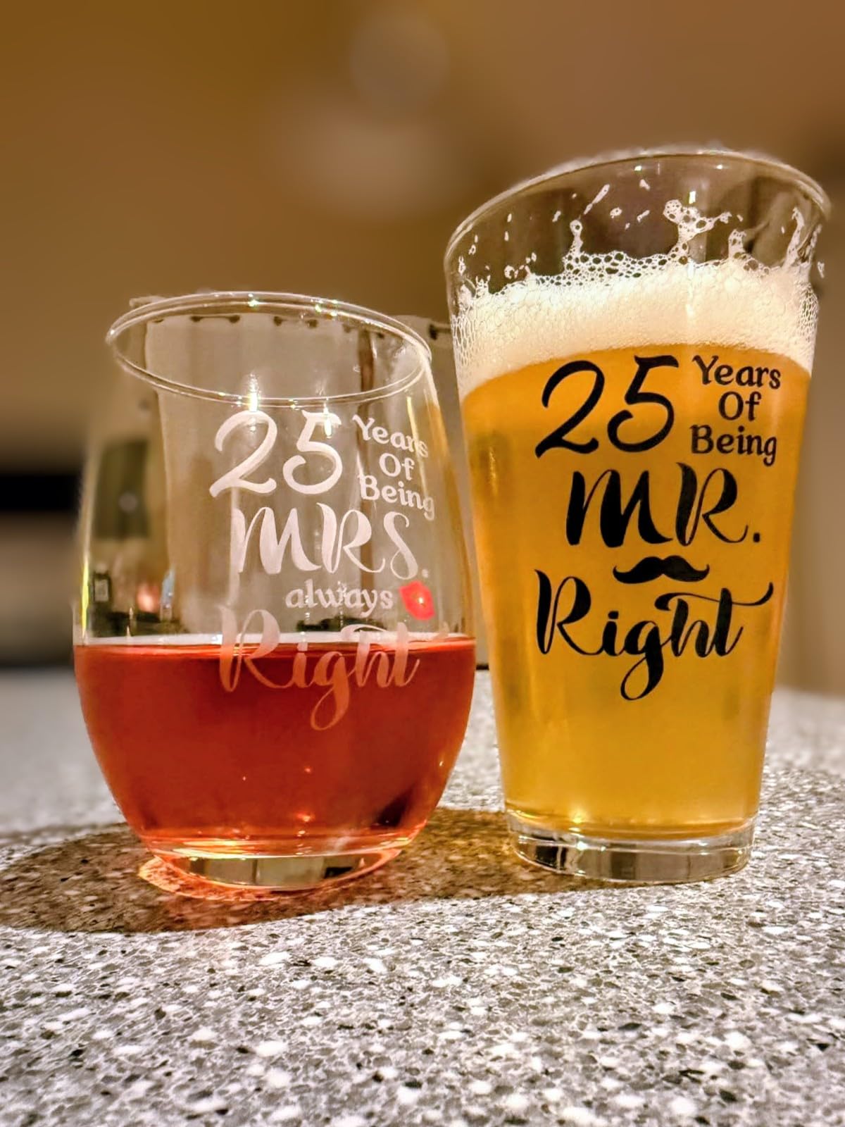Futtumy 50th Anniversary Glass Gifts Set, 50 Years of Being Mr Right & Mrs Always Right 17oz Wine 15oz Beer Glass, 50th Wedding Anniversary for Wife Husband Couple Parents Grandparents Friends - Customer Photo 1