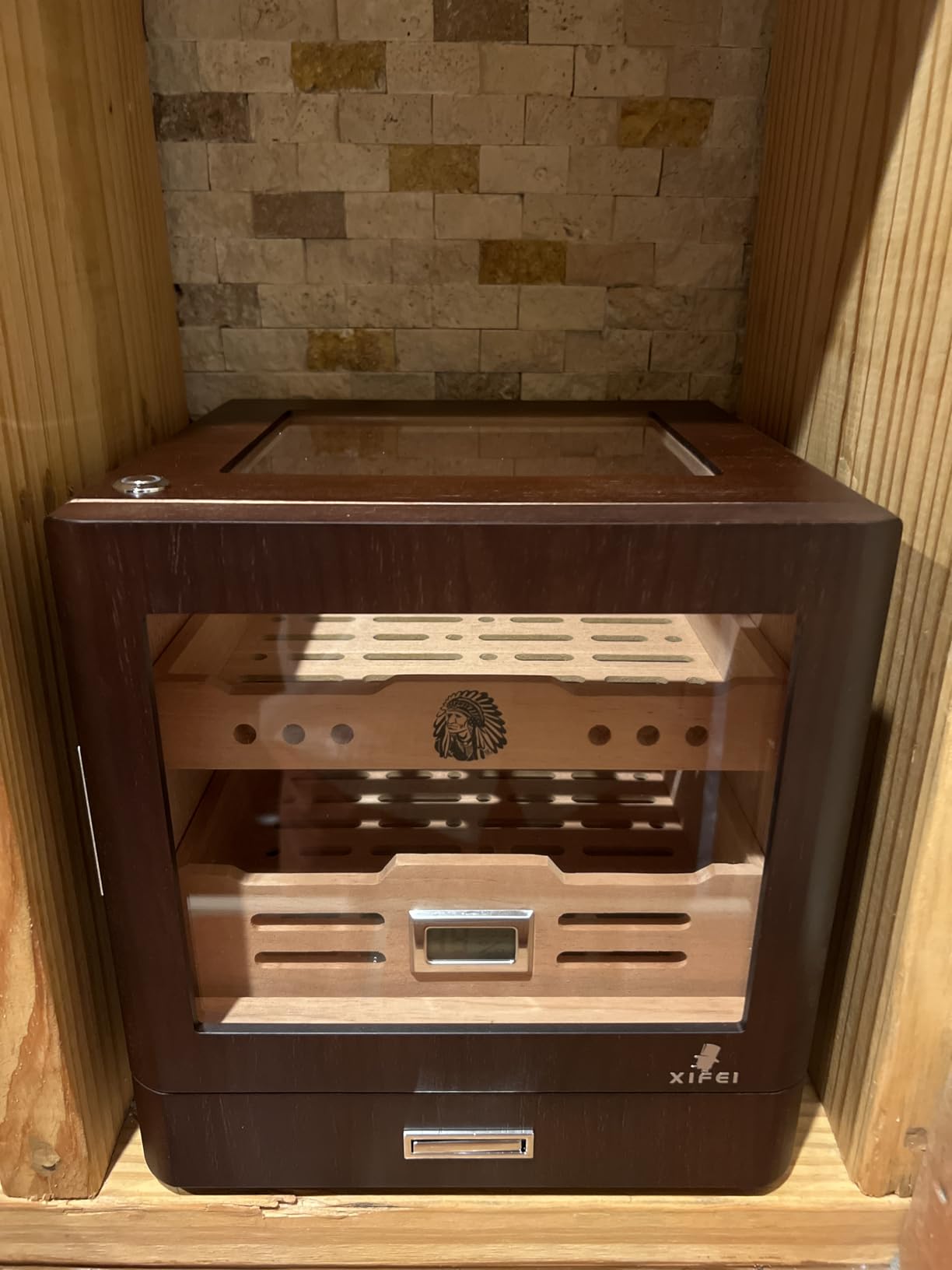 XIFEI Cigar Humidor Cabinet, Glass Top & Adjustable LED Lighting, Digital Hygrometer, 2 Humidifiers, Cigar Tube, Desktop Cedar Wood Humidor with Accessory Drawer for 80-100 Cigars, Ideal Men's Gift - Customer Photo 5