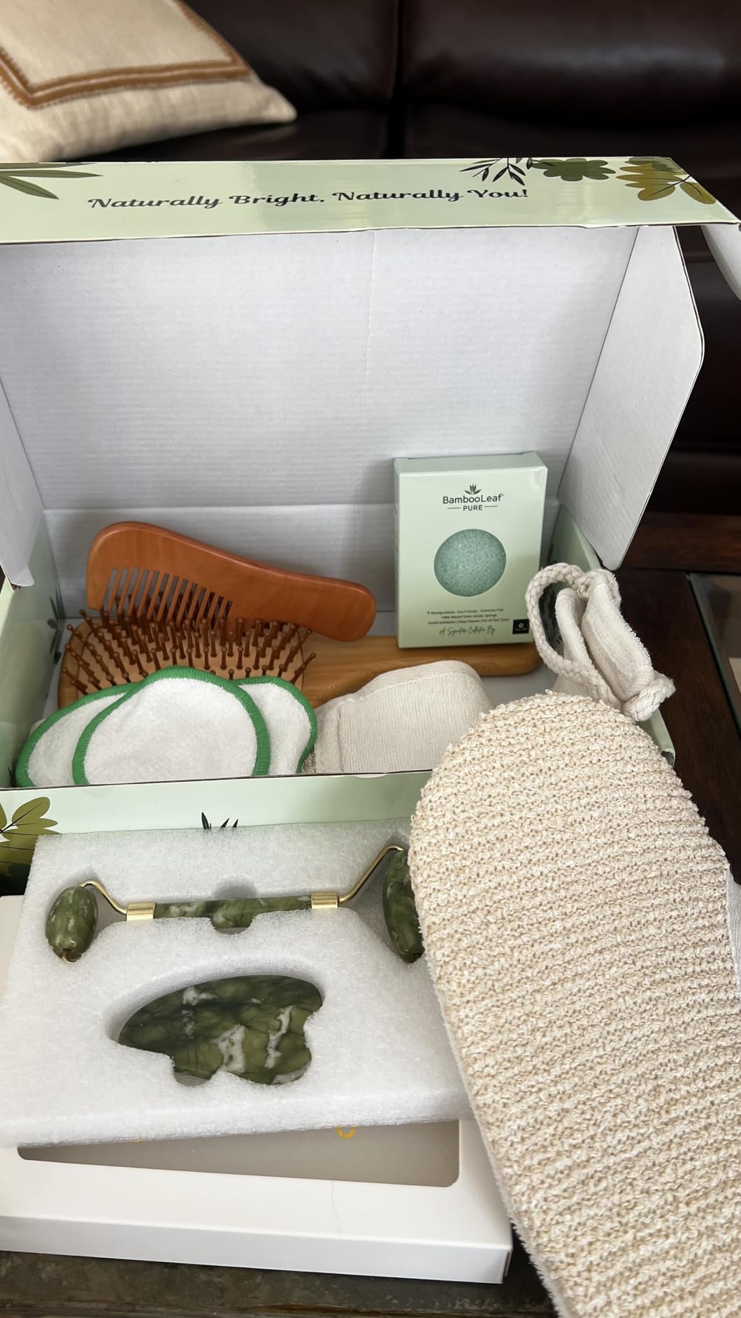Self Care Natural Unique Organic Spa Set for Women – Eco Friendly Gift Box with Bamboo Comb, Jade Roller, Facial Sponge, Makeup Remover Pads, Headband & Bath Glove – Birthday, Relaxation Kit Customer Review Self Care Natural Unique Organic Spa Set for Women – Eco Friendly Gift Box with Bamboo Comb, Jade Roller, Facial Sponge, Makeup Remover Pads, Headband & Bath Glove – Birthday, Relaxation Kit - Customer Photo 1