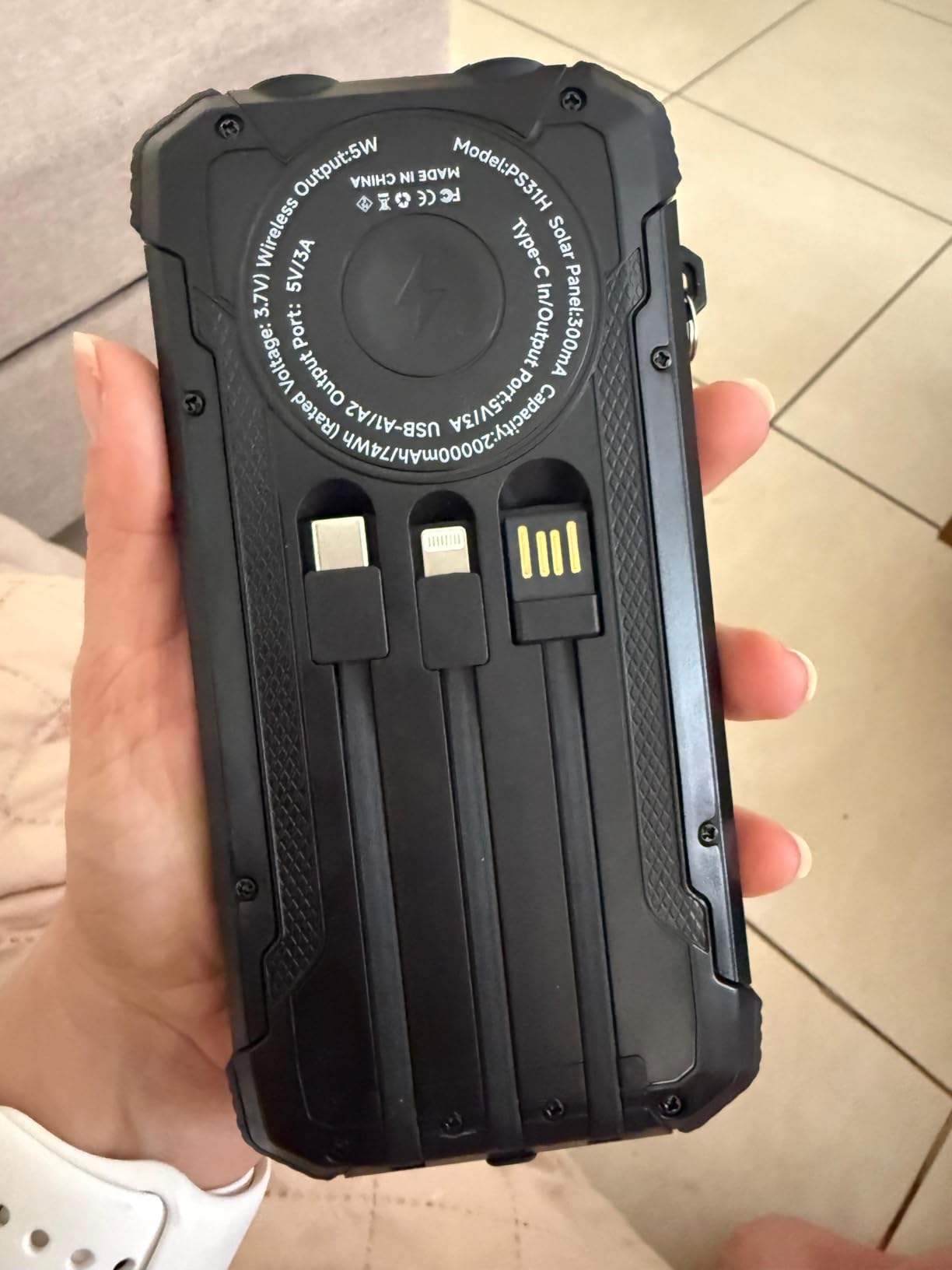 Solar Power Bank 20000mAh Wireless Portable Charger Built-in 3 Cables 15W USB-C Fast Charging Battery Pack Compatible with iPhone, Samsung, iPad, Emergency LED Flashlights Perfect for Camping, Hiking - Customer Photo 1