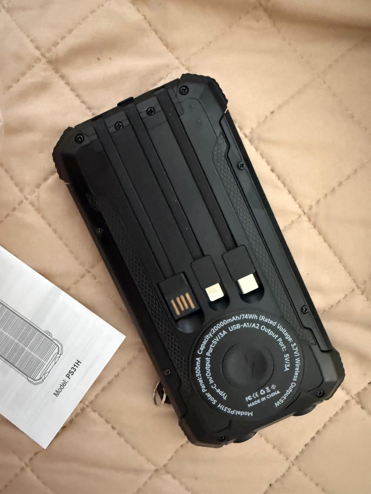 Solar Power Bank 20000mAh Wireless Portable Charger Built-in 3 Cables 15W USB-C Fast Charging Battery Pack Compatible with iPhone, Samsung, iPad, Emergency LED Flashlights Perfect for Camping, Hiking - Customer Photo 3