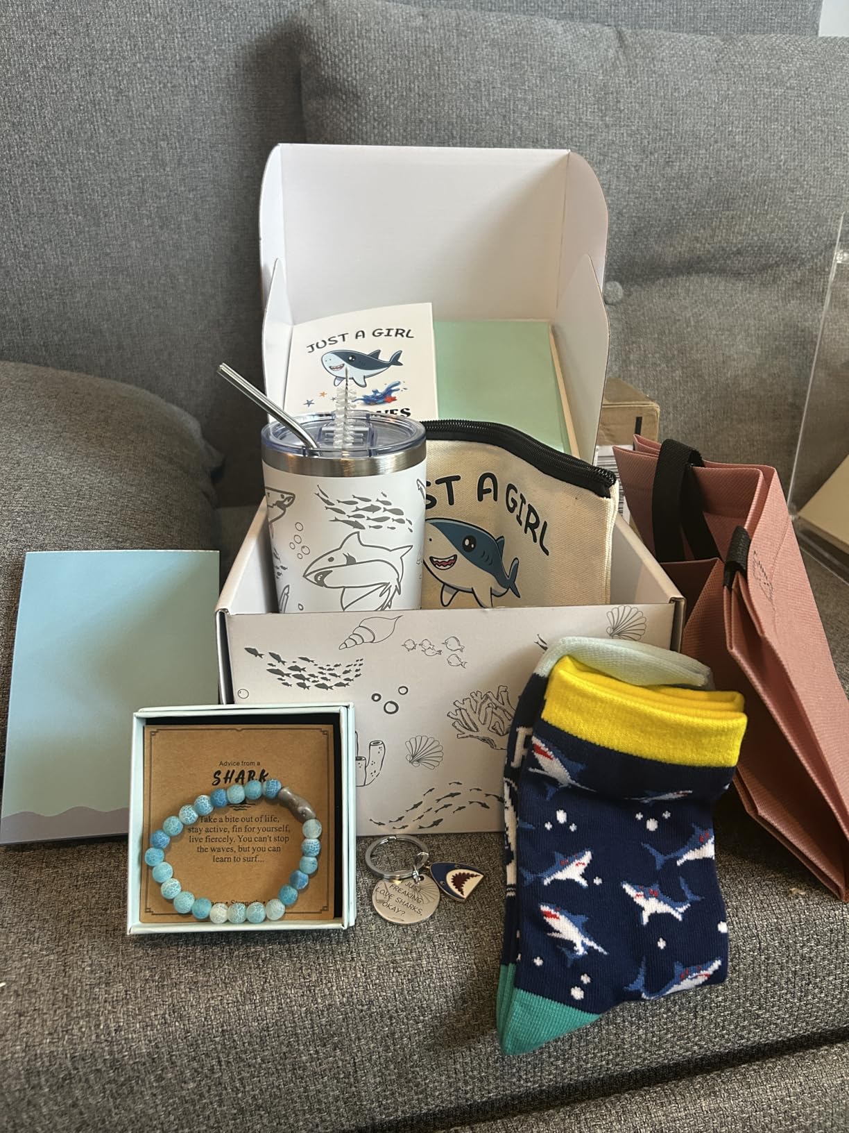 Shark Gifts for Women Best Shark Lovers Week Gift for Women Funny Sharks Stuff Including Tumbler Mug Makeup Bag Socks Notepad Keychain Brecelet Gift Card for Birthday Christmas Mothers Day - Customer Photo 1