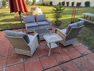 10-Piece Outdoor Patio Furniture Set with Rocking Swivel Chair, PE Wicker Rattan Sectional Sofa Patio Conversation Set with 55,000 BTU Fire Pit Table & Coffee Table, Sand - Customer Photo 1