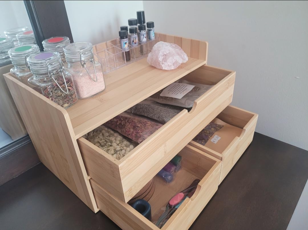 Wisuce Bamboo Desk Drawer Organizer, Desktop Organizer with Drawers Tabletop Storage Organization Box for Office Home Toiletries Supplies Vanity, No Assembly Required(1 with shelf-3 Drawers) customer photo 1
