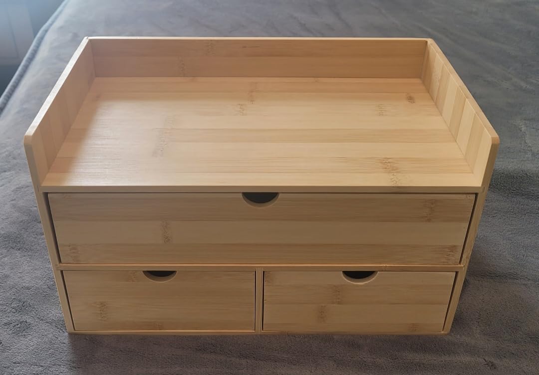 Wisuce Bamboo Desk Drawer Organizer, Desktop Organizer with Drawers Tabletop Storage Organization Box for Office Home Toiletries Supplies Vanity, No Assembly Required(1 with shelf-3 Drawers) customer photo 2
