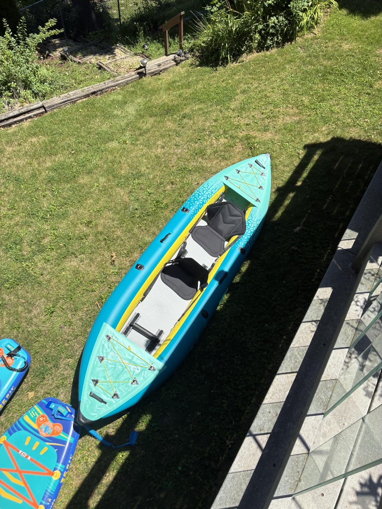 GYMAX Inflatable Kayak, 12.5Ft 507lbs Tandem Kayak with 2 Aluminum Paddles, 2 Padded Seats, Footrests, 2 Fins, Hand Pump, Carry Bag & Repair Kit, 2 Person Fishing Touring Kayak for Adults customer photo 1