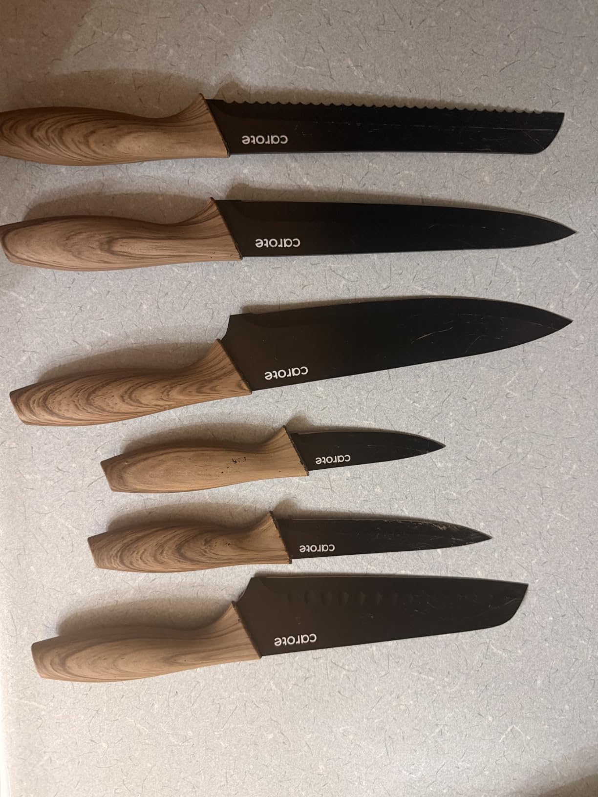 CAROTE 12-Piece Knife Set, Knives with Wood-Grain Finish Handles, Black | 6 Blade Guards, Stainless Steel Blade, Ceramic Nonstick Coating, Long-Lasting Sharpness, Rust-Resistant, Kitchen, Camping, RV customer photo 1