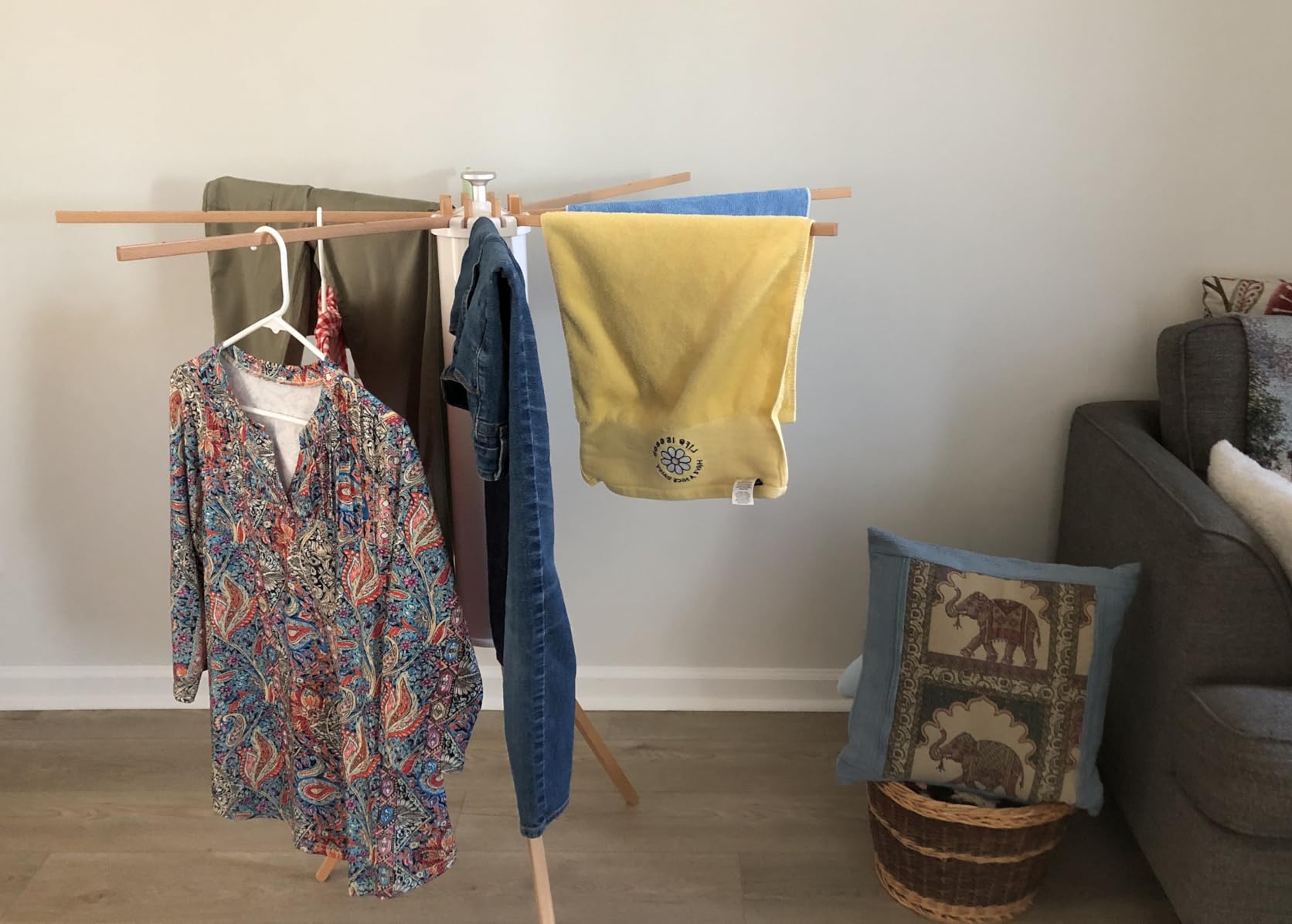 JOOM Clothes Drying Rack, Clothing Stand, Foldable Laundry Drying Rack | Portable clothes rack with wooden rods, plastic cylinder and tripod base for apartments, balconies, RVs, camping and travel. customer photo 2
