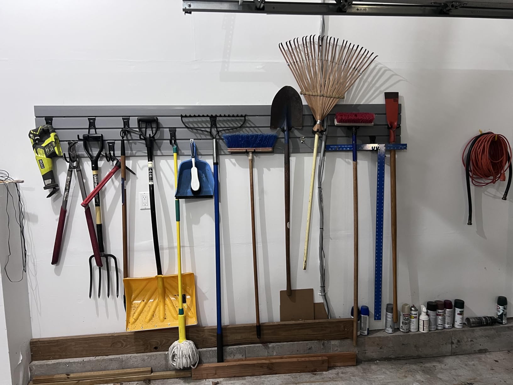 Slatwall Panel Garage Wall Organizer Storage Systems, Wall Mounted PVC Storage Rack with 10 Hooks, Interlocking Workshop Slat Wall Paneling Sheets Board Shelves Tools Organization-Grey (8'H x 4'W) customer photo 1
