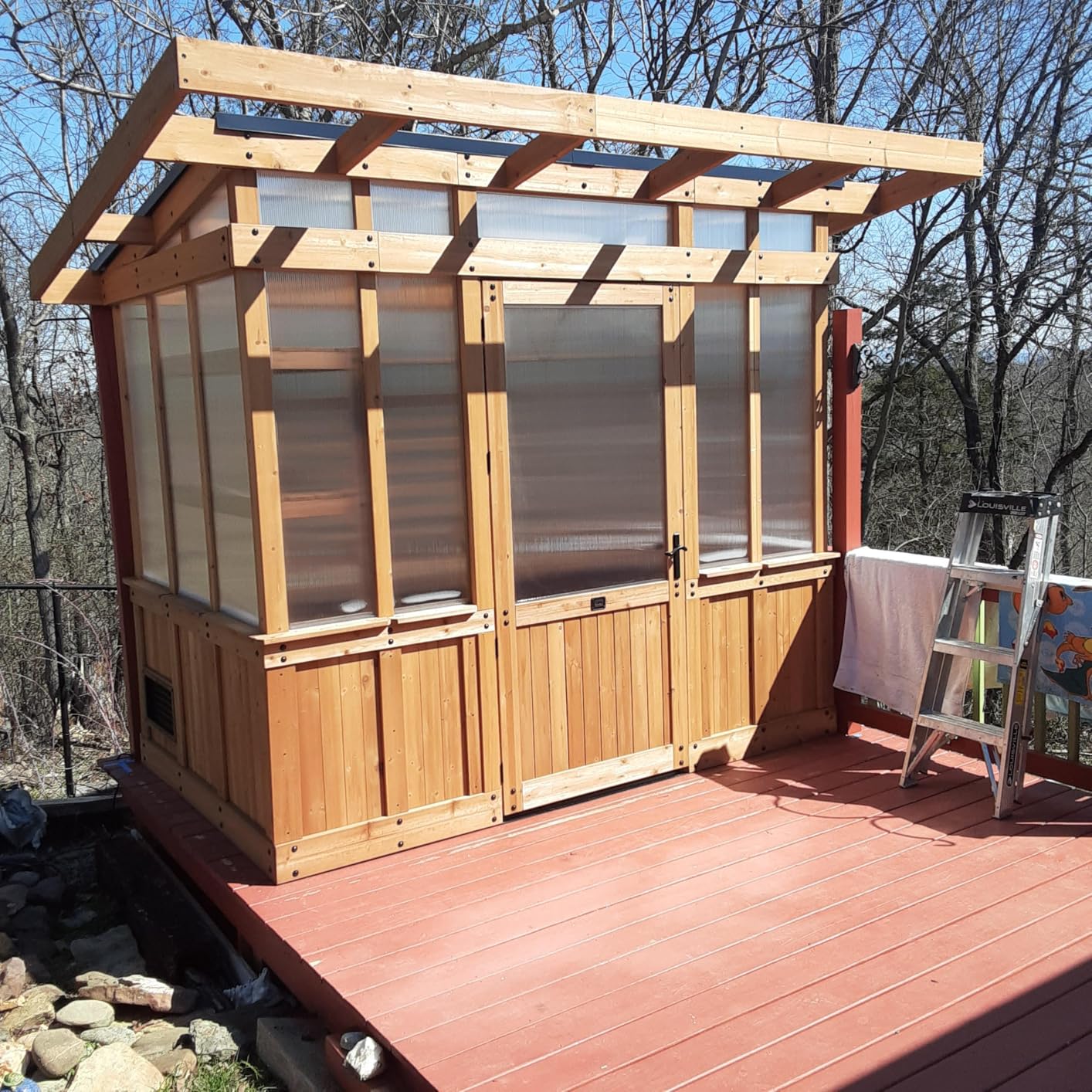 Backyard Discovery Poppy 11' x 7' Cedar Wood and Polycarbonate Walk-In Greenhouse Kit with Exhaust Fan, Windows, Hose Hook-Ups, PowerPort, Staging Shelves, Plant Hooks customer photo 2
