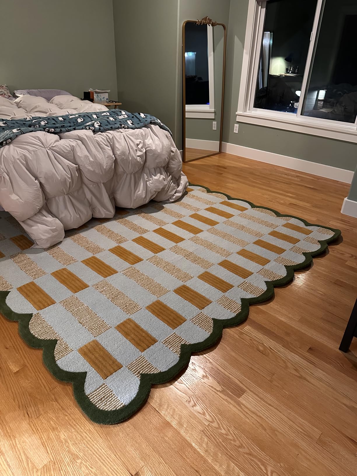 Hand Tufted Checkered 100% Wool Area Rug with Scalloped Edges - 5 x 7 Ft | Rectangular Light Blue Base, Mustard and Beige Blocks, Olive Green Scalloped Edge, Cotton Backing 10 -15 mm Plush Pile Carpet customer photo 1