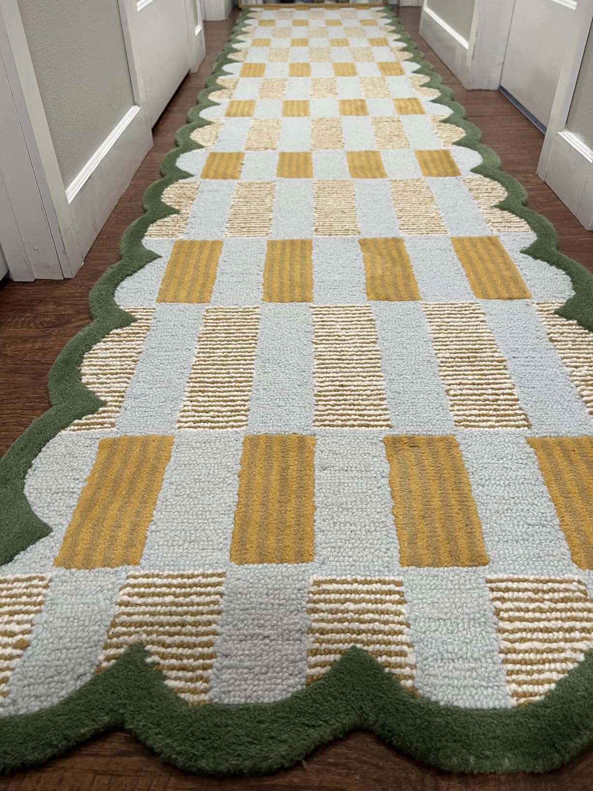 Hand Tufted Checkered 100% Wool Area Rug with Scalloped Edges - 5 x 7 Ft | Rectangular Light Blue Base, Mustard and Beige Blocks, Olive Green Scalloped Edge, Cotton Backing 10 -15 mm Plush Pile Carpet customer photo 2