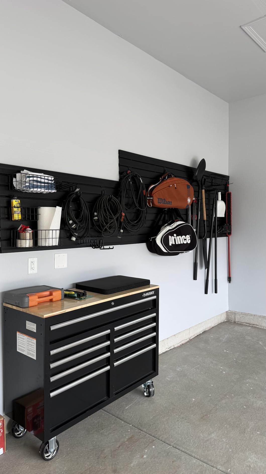 FRAYSCENT Slat Wall Paneling Garage Slat Wall Storage Systems Slatwall Panels Power Tool Organizer Wall Mount, PVC Garage Storage & Organization Products Slate Board (Black, 4ft x 8ft with 15 Hooks) customer photo 1