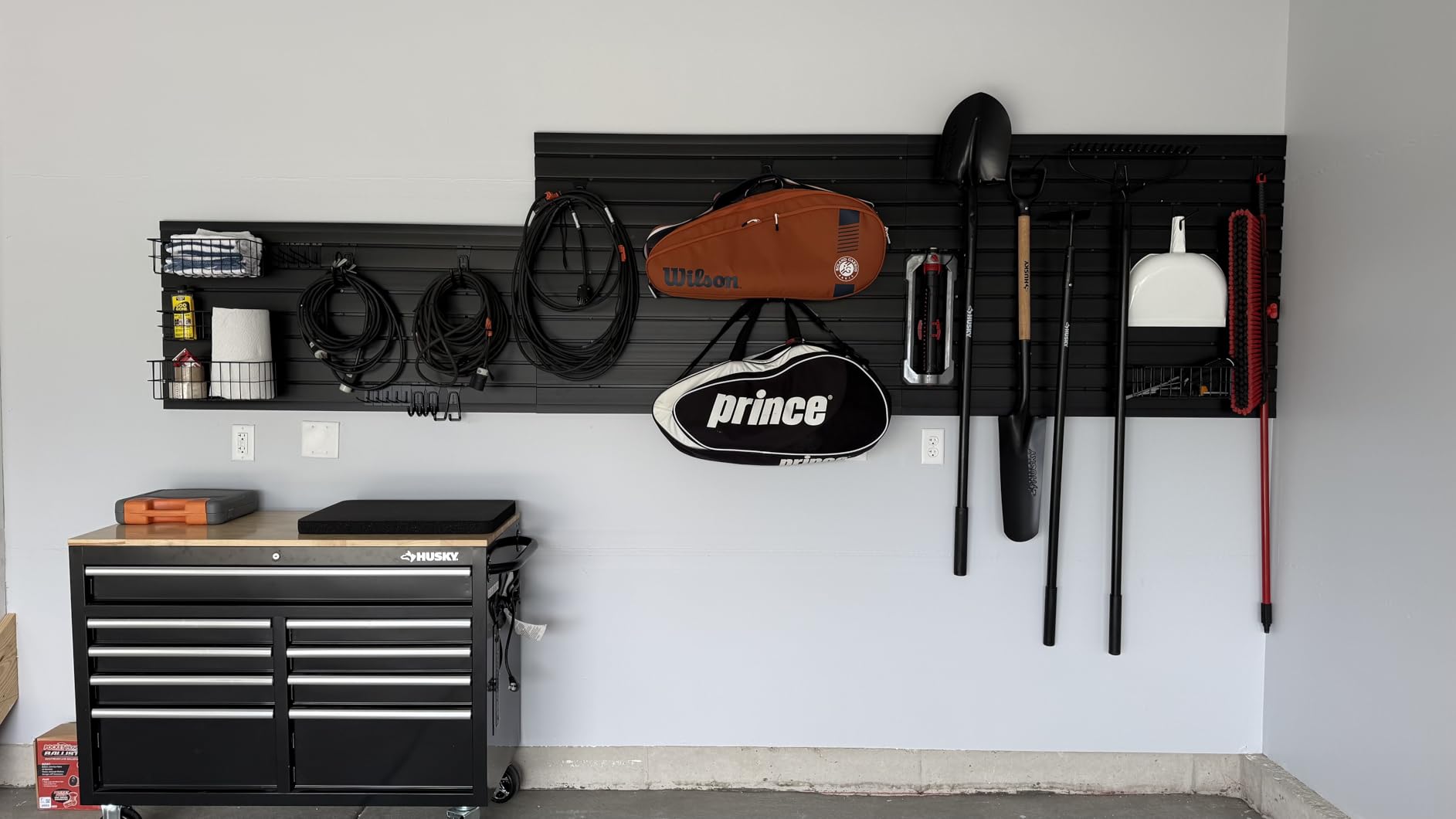 FRAYSCENT Slat Wall Paneling Garage Slat Wall Storage Systems Slatwall Panels Power Tool Organizer Wall Mount, PVC Garage Storage & Organization Products Slate Board (Black, 4ft x 8ft with 15 Hooks) customer photo 2